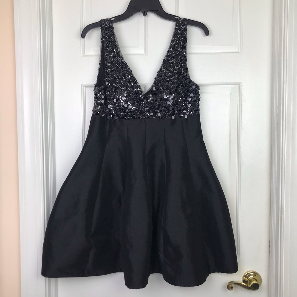 Black Sequin Low V Neck Dress
